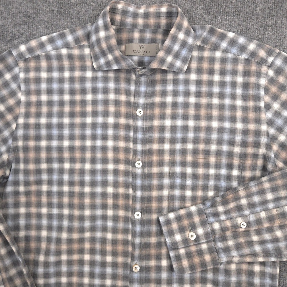 Canali Shirt Mens M Brown Blue Tonal Plaid Long Sleeve Button Up Made In Italy